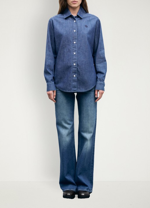 Gerard Darel Lucy blouse van denim met logoborduring - voorkant 2 donkerblauw