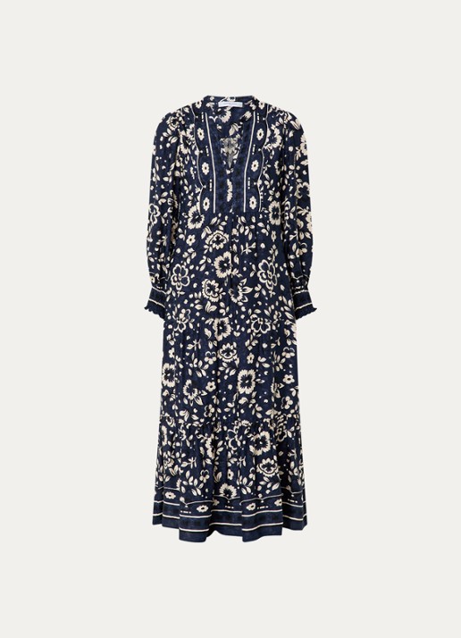 Gerard Darel Lydiane midi tuniekjurk met bloemenprint - voorkant 2 donkerblauw