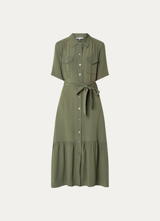 Gerard Darel Raina midi blousejurk met borstzakken en strikceintuur - voorkant 2 olijfgroen