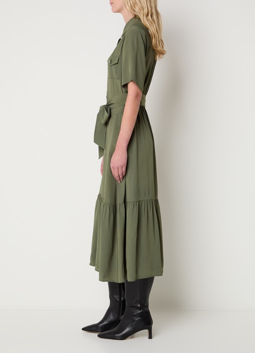 Gerard Darel Raina midi blousejurk met borstzakken en strikceintuur - voorkant 3 olijfgroen
