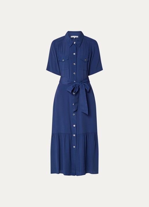 Gerard Darel Raina midi blousejurk met borstzakken en strikceintuur - voorkant donkerblauw