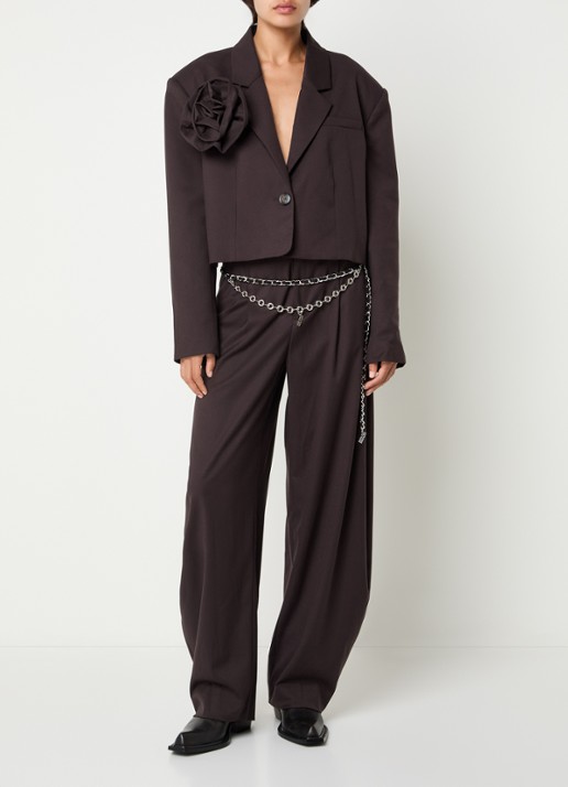 Gestuz Callia high waist wide fit pantalon met steekzakken - voorkant 4 donkerbruin