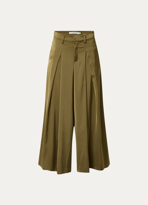 Gestuz Cerina high waist loose fit pantalon met plooidetail - voorkant mosgroen