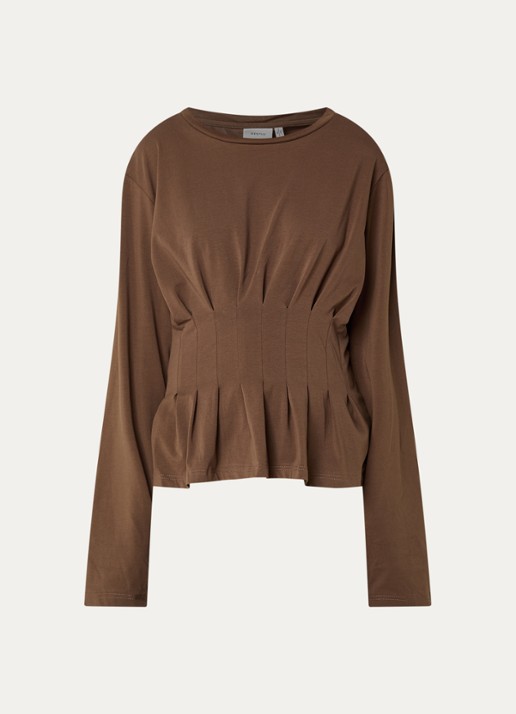 Gestuz Inez longsleeve met plissé - voorkant bruin