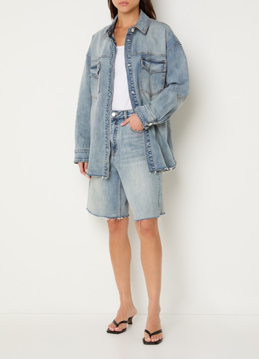 Gestuz Noma high waist straight fit korte broek van denim - voorkant 2 indigo