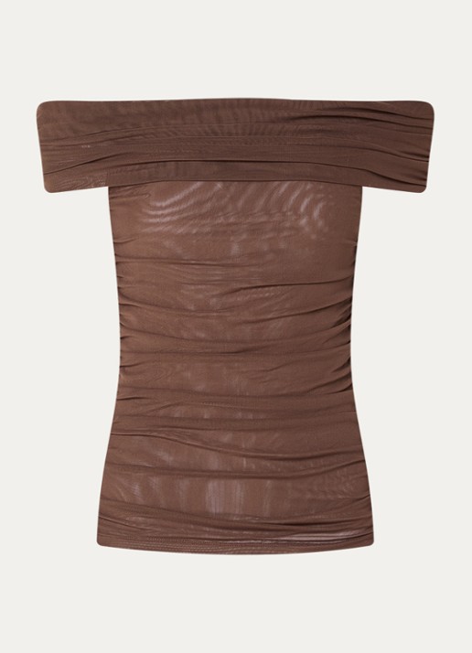 Gestuz Samera semi-transparante off shoulder top  - voorkant 3 hazelnootbruin