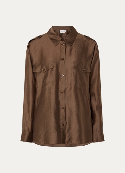 Gestuz Siora blouse van satijn met borstzakken - voorkant 3 donkerbruin