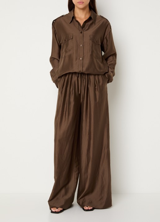 Gestuz Siora high waist loose fit broek met steekzakken - voorkant 3 donkerbruin
