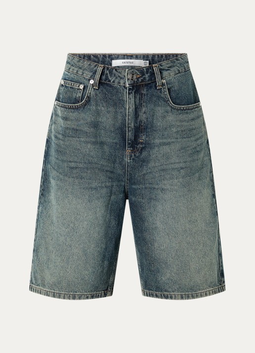 Gestuz Susara high waist wide fit korte broek van denim - voorkant 3 indigo