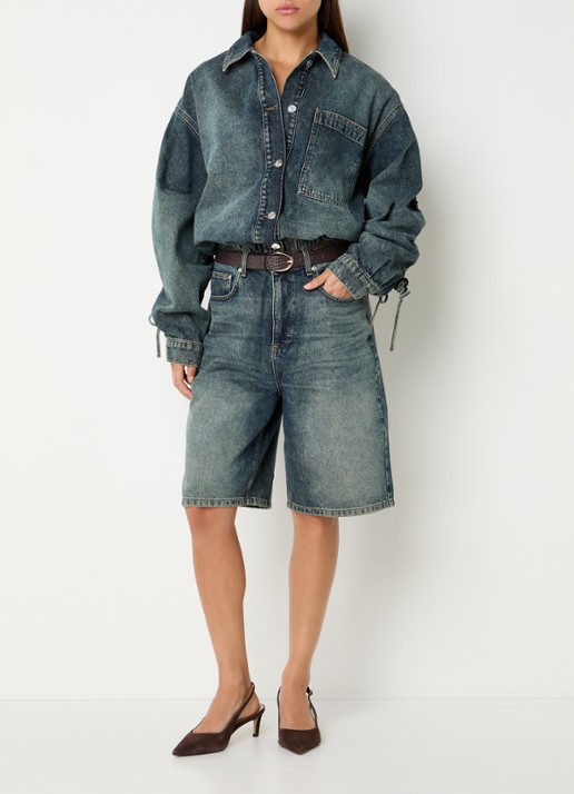 Gestuz Susara high waist wide fit korte broek van denim - voorkant 4 indigo