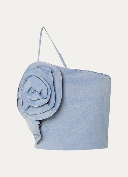 Gestuz Wendi one shoulder top met bloemdecoratie - voorkant staalblauw