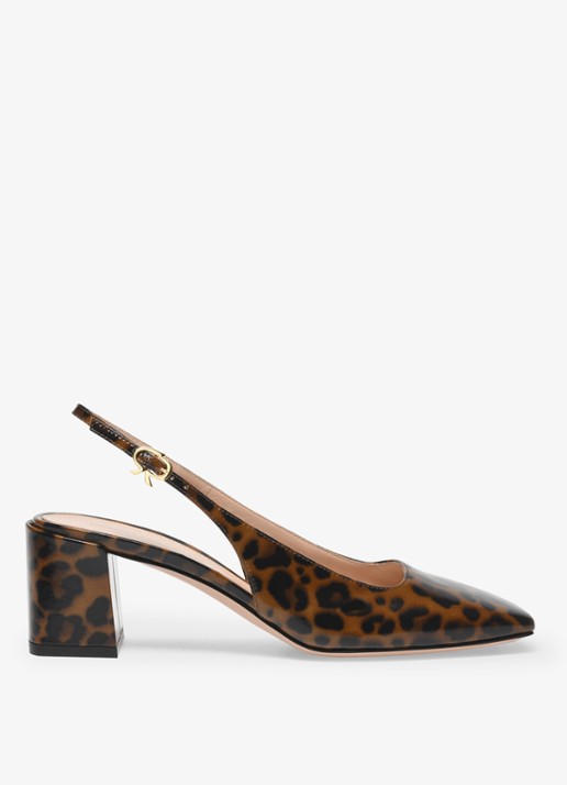 Gianvito Rossi Freeda Sling 55 slingback van lakleer met panterprint - voorkant donkerbruin
