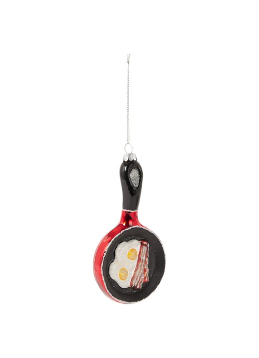 Gisela Graham Frying Pan met Bacon/Eggs kersthanger 14 cm - voorkant 2 steenrood