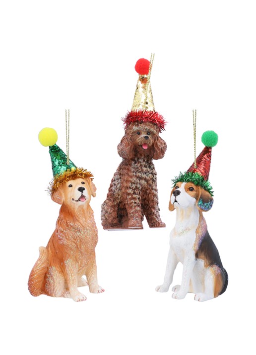 Gisela Graham Hond met Feesthoed kersthanger 12 cm set van 3