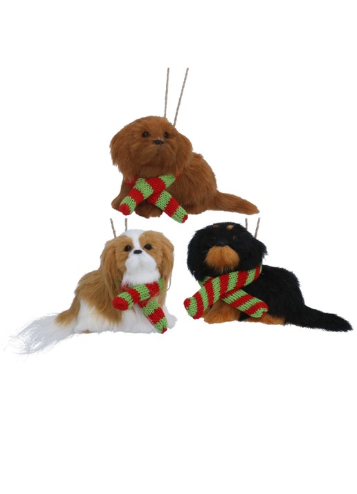 Gisela Graham Puppy met sjaal kersthanger 6 cm set van 3 - voorkant bruin