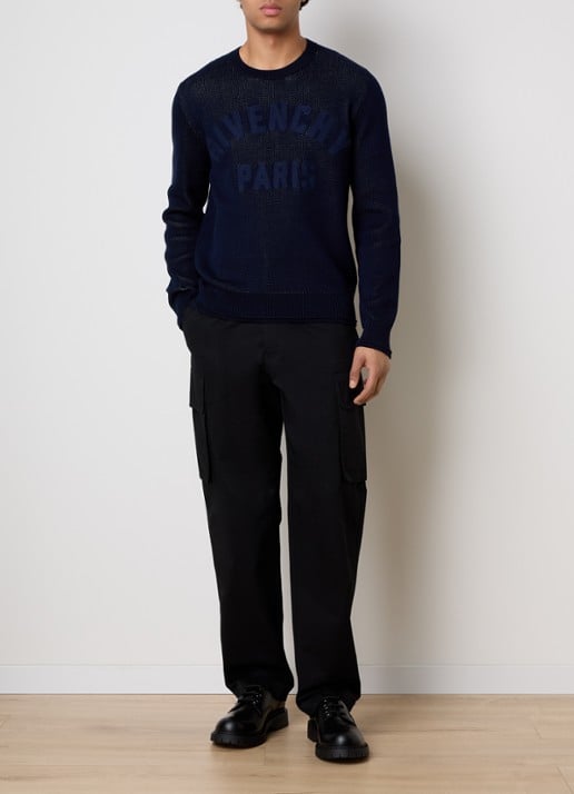 Givenchy Grofgebreide trui met logoborduring - voorkant 3 donkerblauw