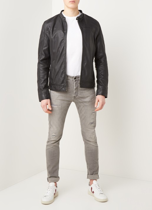 Goosecraft Bikerjack van schapenleer met ritszakken - voorkant 3 zwart