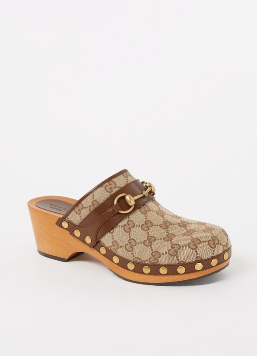 Gucci Clog muiltje van canvas met leren details - voorkant 6 bruin