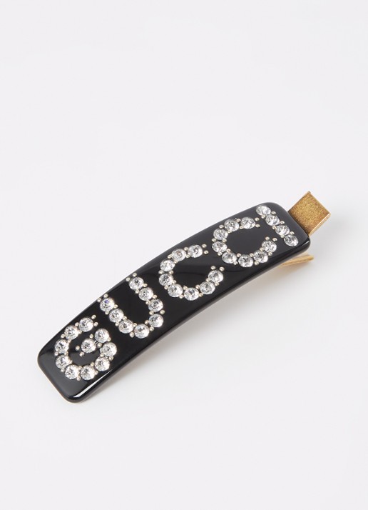 Gucci Crystal haarclip met logo en strass - voorkant zwart