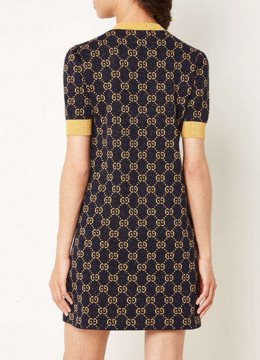 Gucci Fijngebreide mini jurk met lurex en logoprint - achterkant 4 donkerblauw