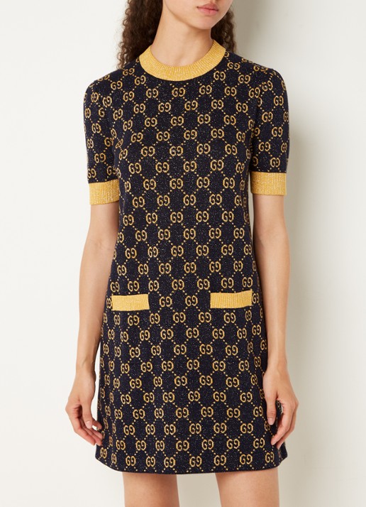 Gucci Fijngebreide mini jurk met lurex en logoprint - detail 3 donkerblauw
