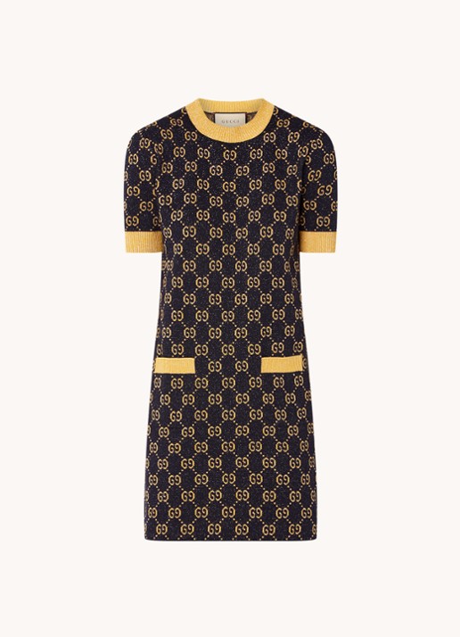 Gucci Fijngebreide mini jurk met lurex en logoprint - voorkant donkerblauw