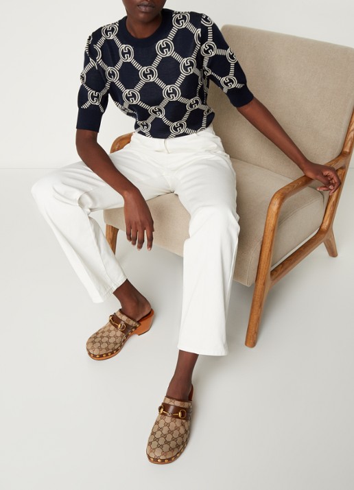 Gucci Fijngebreide top in wolblend met logopatroon - voorkant 3 donkerblauw