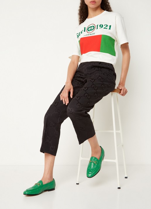 Gucci Jordaan loafer van leer met logo - voorkant 2 flessengroen