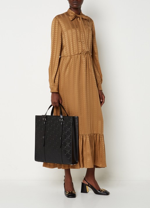 Gucci Maxi jurk van zijde met steekzakken en strikdetail - voorkant 2 camel