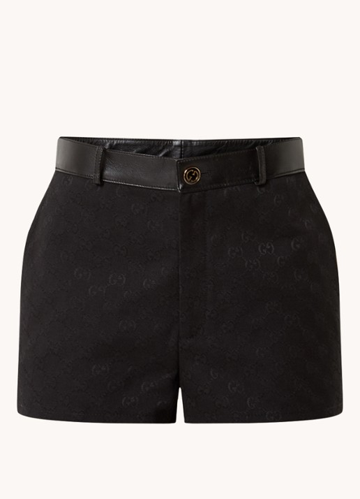 Gucci Mid waist slim fit korte broek met logoprint en details van lamsleer  - voorkant 2 zwart