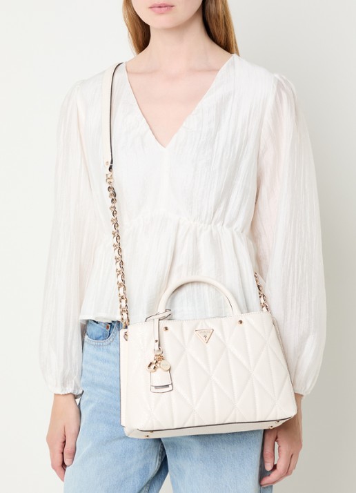 GUESS Aldina handtas met logoprint en afneembare schouderriem - voorkant 3 gebroken wit