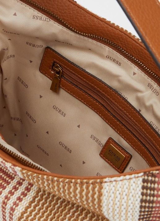 GUESS Camden schoudertas met streepprint en logo - detail 2 cognac