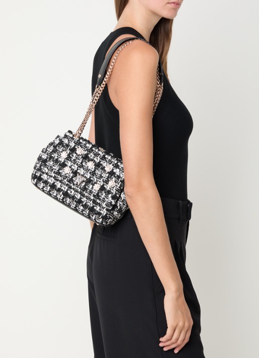 GUESS Everlee schoudertas met tweed-look - voorkant 6 zwart