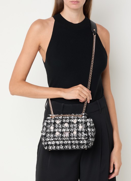 GUESS Everlee schoudertas met tweed-look - voorkant 7 zwart