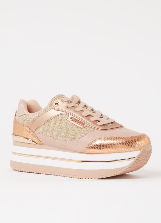 GUESS Hansin sneaker met plateauzool en lurex - voorkant zalmroze