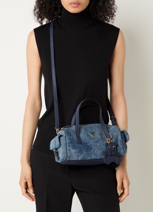 GUESS Kassie handtas van denim met tasbedel en afneembare schouderriem  - voorkant 6 indigo