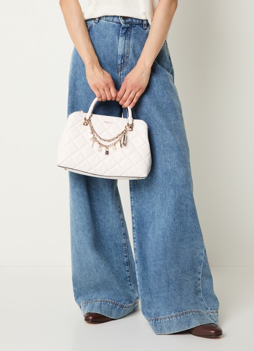 GUESS Libby handtas met logoprint en afneembare schouderriem - voorkant 3 gebroken wit