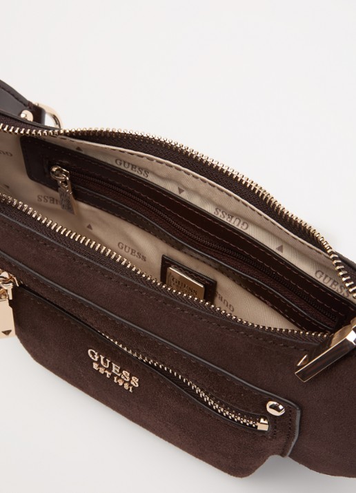 GUESS Marsha Mini crossbodytas van suède met leren details - detail 3 donkerbruin