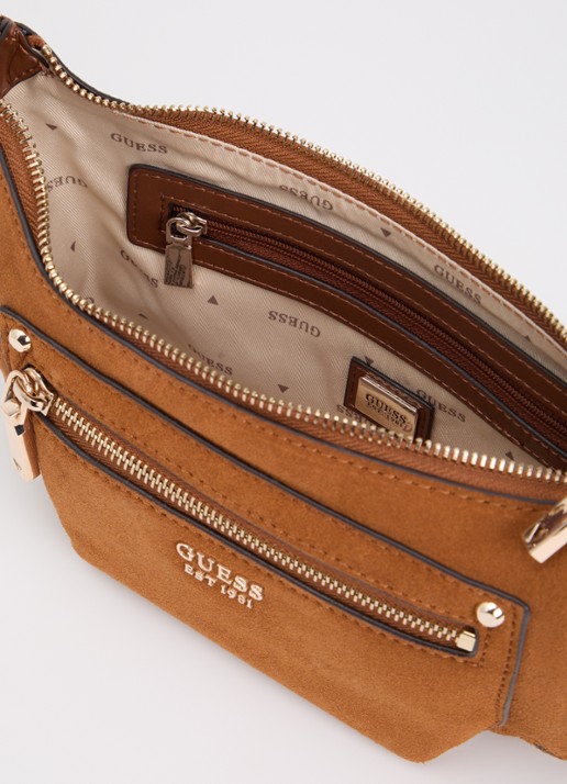 GUESS Marsha Mini crossbodytas van suède met leren details - detail 2 cognac