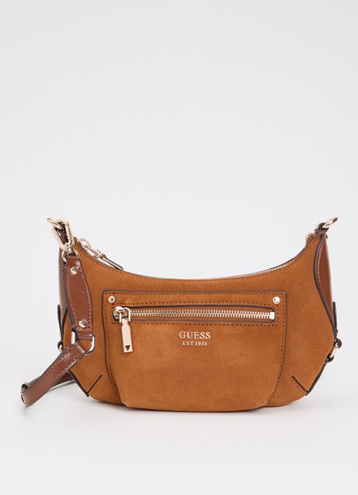 GUESS Marsha Mini crossbodytas van suède met leren details - voorkant 5 cognac