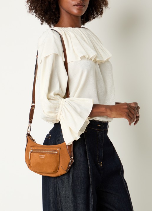 GUESS Marsha Mini crossbodytas van suède met leren details - voorkant 6 cognac