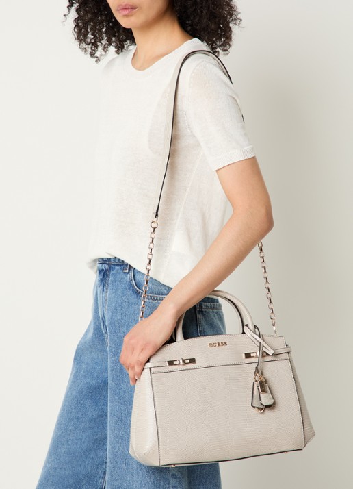 GUESS Melinda handtas met crocostructuur en afneembare schouderriem - voorkant 3 donkerbeige