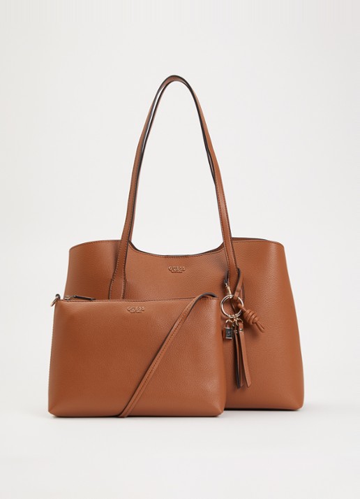 GUESS Melody schoudertas met uitneembaar etui en tasbedel  - voorkant 2 kastanjebruin