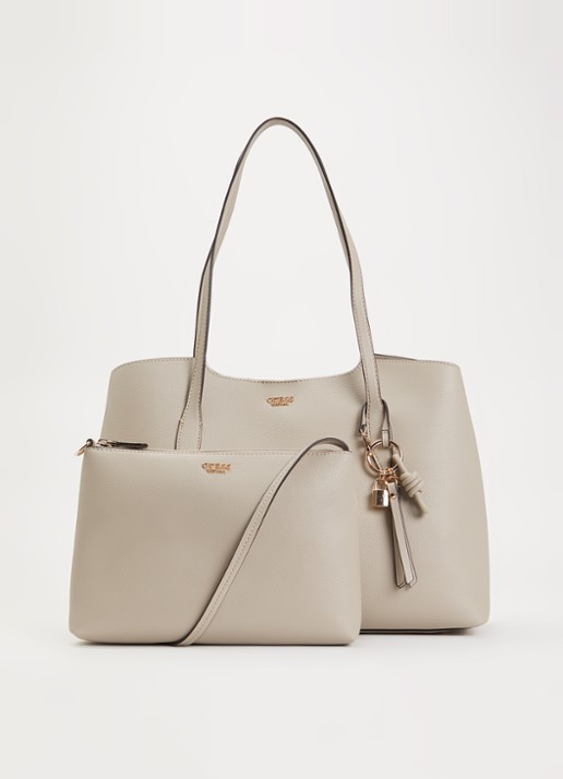 GUESS Melody schoudertas met uitneembaar etui en tasbedel  - voorkant 5 taupe