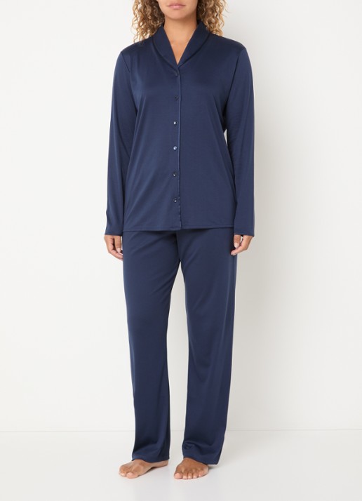 Hanro Pyjamaset van satijn - voorkant 3 donkerblauw
