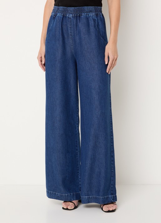 Harper high waist wide leg jeans  met elastische band en steekzakken - detail indigo
