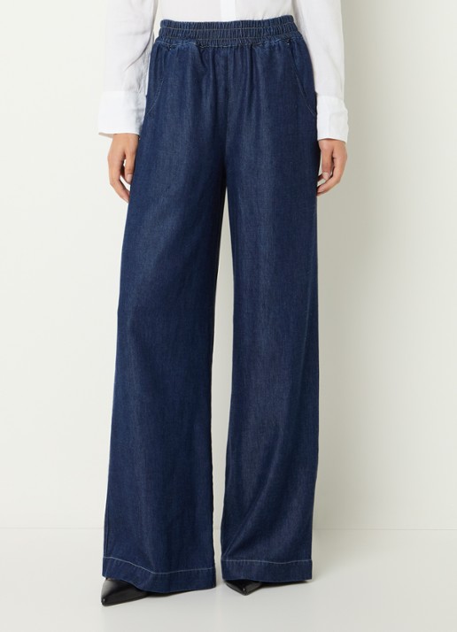 Harper high waist wide leg jeans  met elastische band en steekzakken - detail donkerblauw