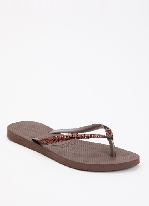 Havaianas Slim slipper met glitter - voorkant 2 donkerbruin