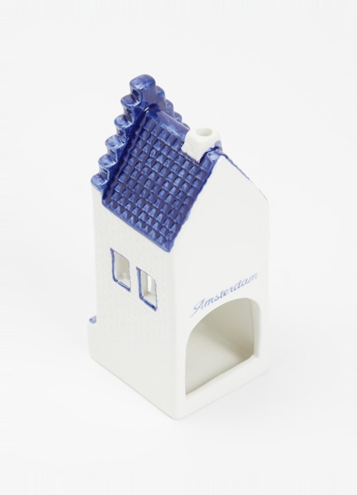 Heinen Delfts Blauw Amsterdam waxinelichthouder 14 cm - voorkant 2 donkerblauw