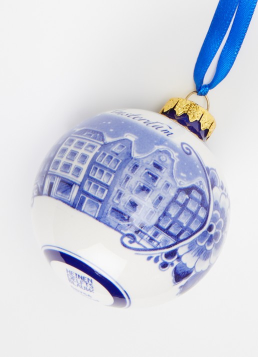 Heinen Delfts Blauw Amsterdamse Grachtenpandjes kerstbal 7 cm - detail gebroken wit